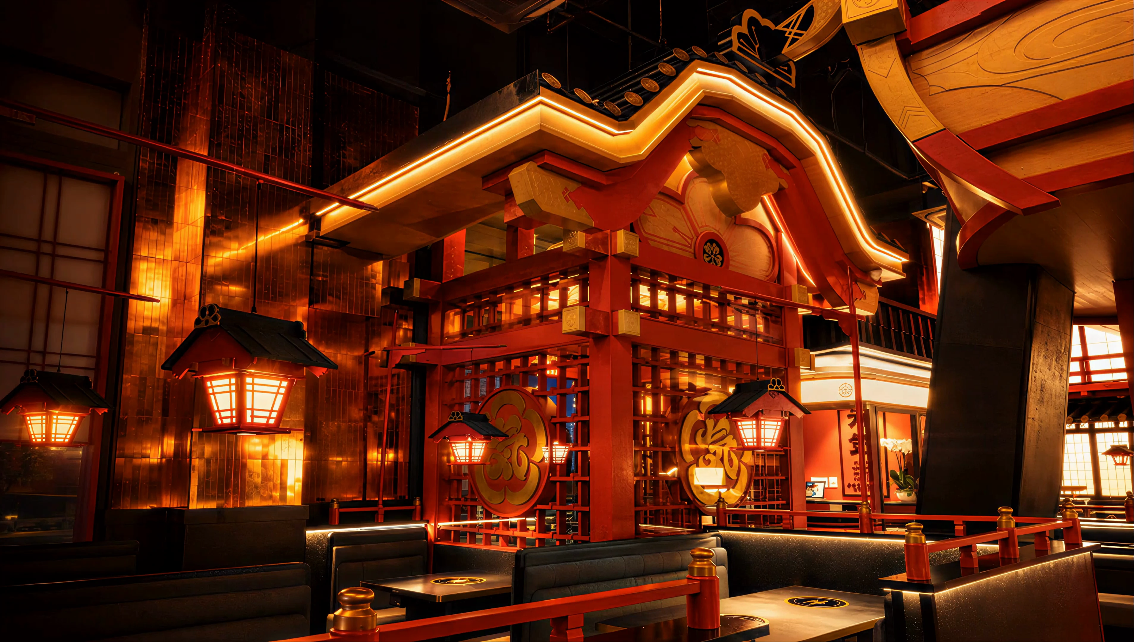 A warm evening inside Genki, with red Japanese-inspired beams, glowing lanterns, and golden walls