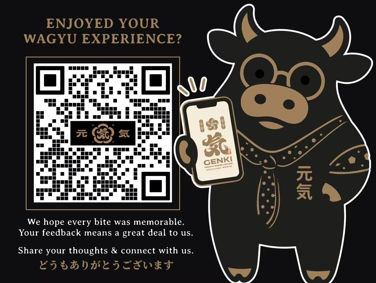 Genki's black-and-gold Wagyu mascot, wearing glasses and a kimono