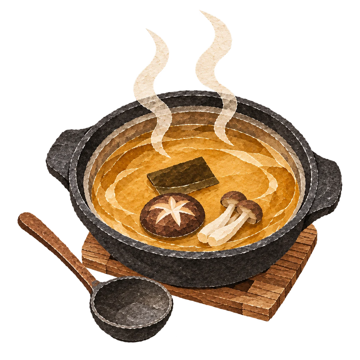 A steaming pot of golden broth, illustrated in layered washi paper